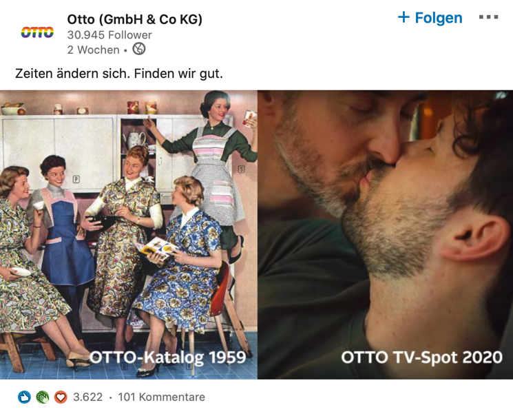 Im Wandel der Zeit – Die Otto GmbH & Co KG stellt auf LinkedIn eine Werbung von 1959 einer aktuellen Kampagne gegenüber. War die Botschaft in den 50ern ein klischeehaftes Idealbild der guten Hausfrau, so positioniert sich das Unternehmen heute auf allen Plattformen für mehr Offenheit und Akzeptanz.