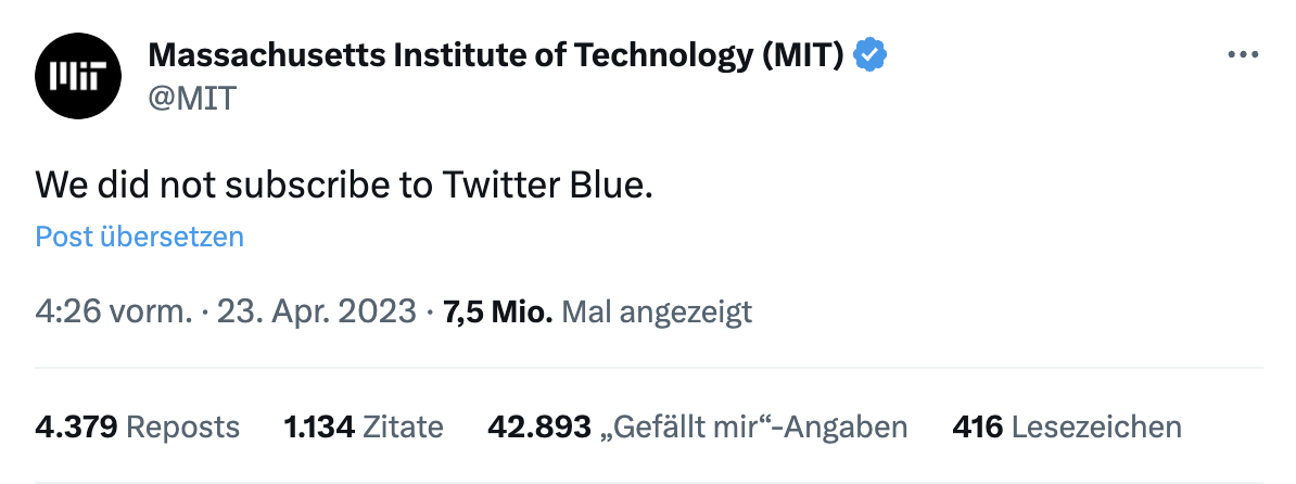 Post vom MIT auf X (Twitter) zur Klarstellung, dass sie nicht für das blaue Häkchen zahlen.
