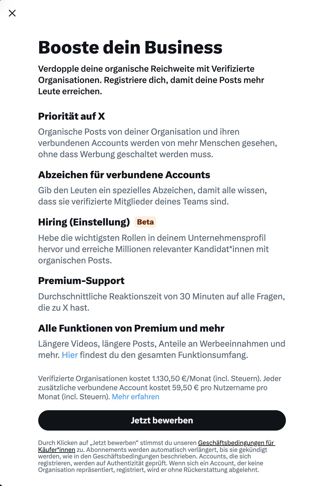 Screenshot der Abonnement-Schaltfläche für die Verfizierung als Organisation. Für 1130,50€ pro Monat können Organisationen sich für das Feature bewerben.